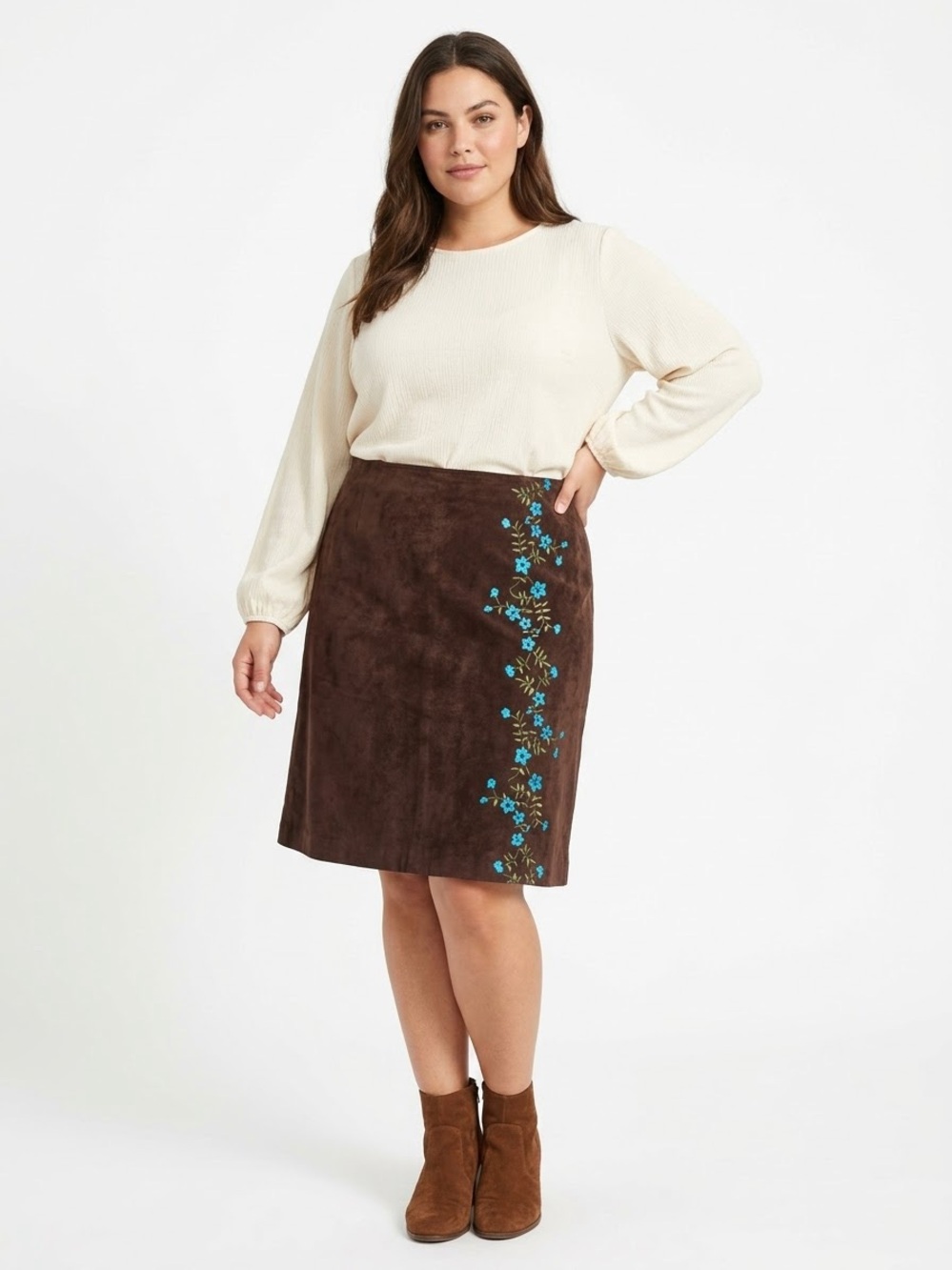 Bob Mackie Chocolate Suede Leather Skirt with Teal Floral Vine Embroidery